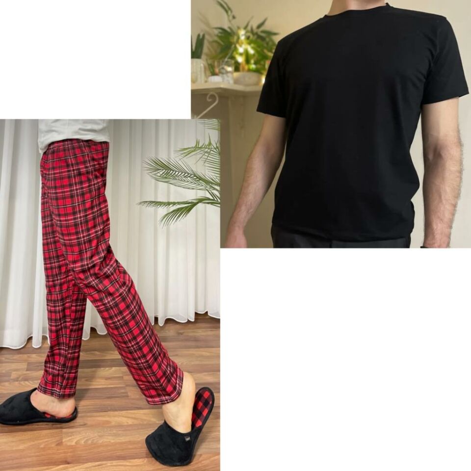Regular Fit Alt Ekose Kareli Pamuklu Örme Bisiklet Yaka Erkek Pijama Takımı Kırmızı Siyah Kare- Siyah - XL