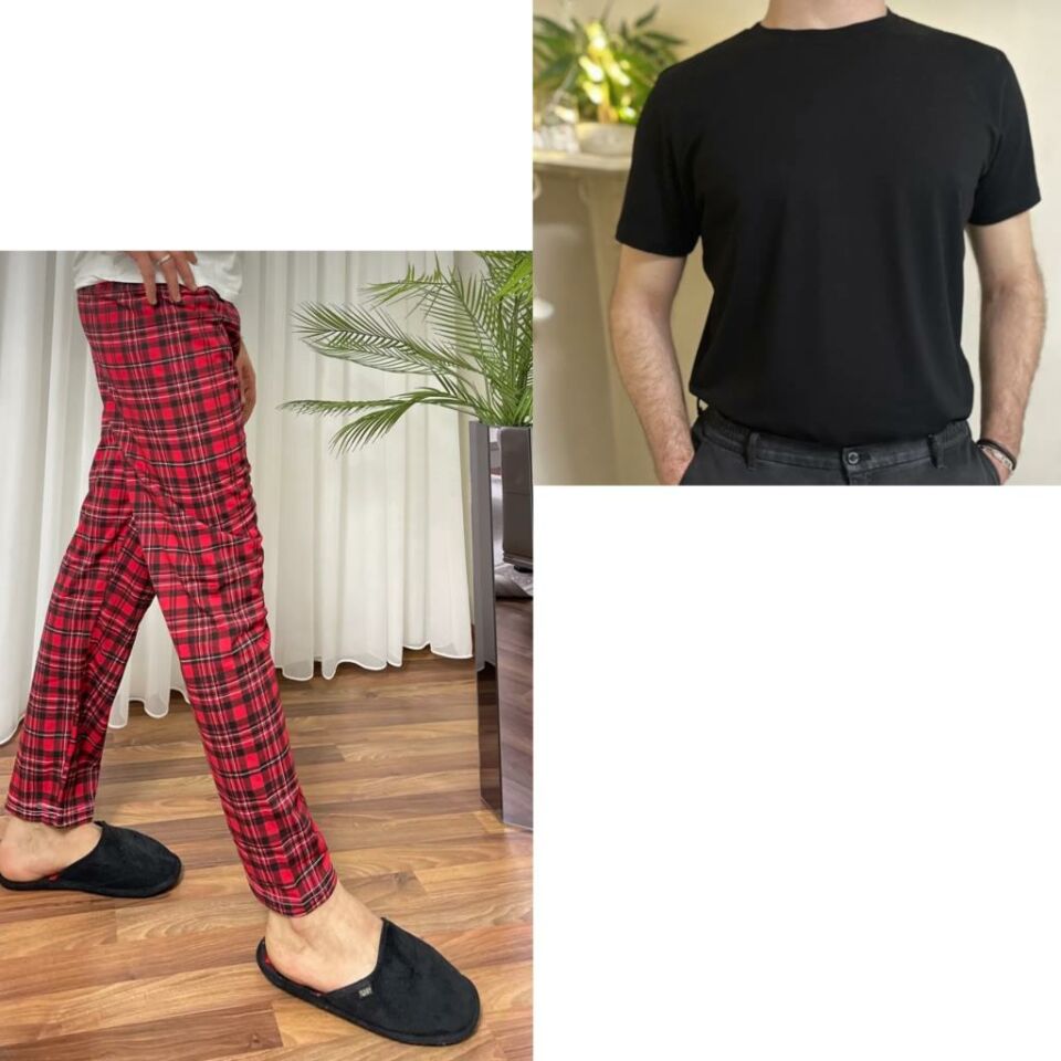 Regular Fit Alt Ekose Kareli Pamuklu Örme Bisiklet Yaka Erkek Pijama Takımı Kırmızı Siyah Kare- Siyah - XL