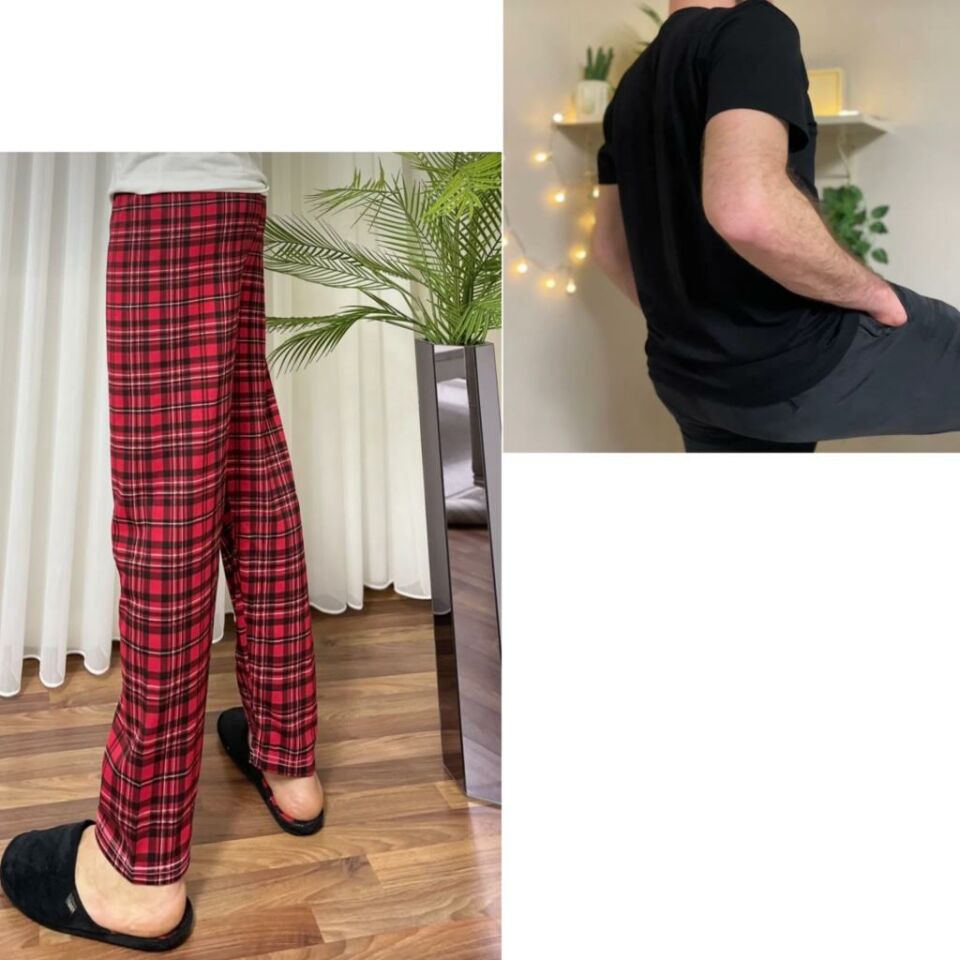 Regular Fit Alt Ekose Kareli Pamuklu Örme Bisiklet Yaka Erkek Pijama Takımı Kırmızı Siyah Kare- Siyah - XL