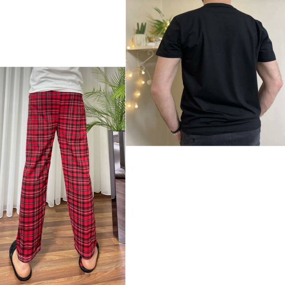 Regular Fit Alt Ekose Kareli Pamuklu Örme Bisiklet Yaka Erkek Pijama Takımı Kırmızı Siyah Kare- Siyah - XL