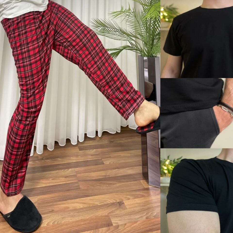 Regular Fit Alt Ekose Kareli Pamuklu Örme Bisiklet Yaka Erkek Pijama Takımı Kırmızı Siyah Kare- Siyah - XL