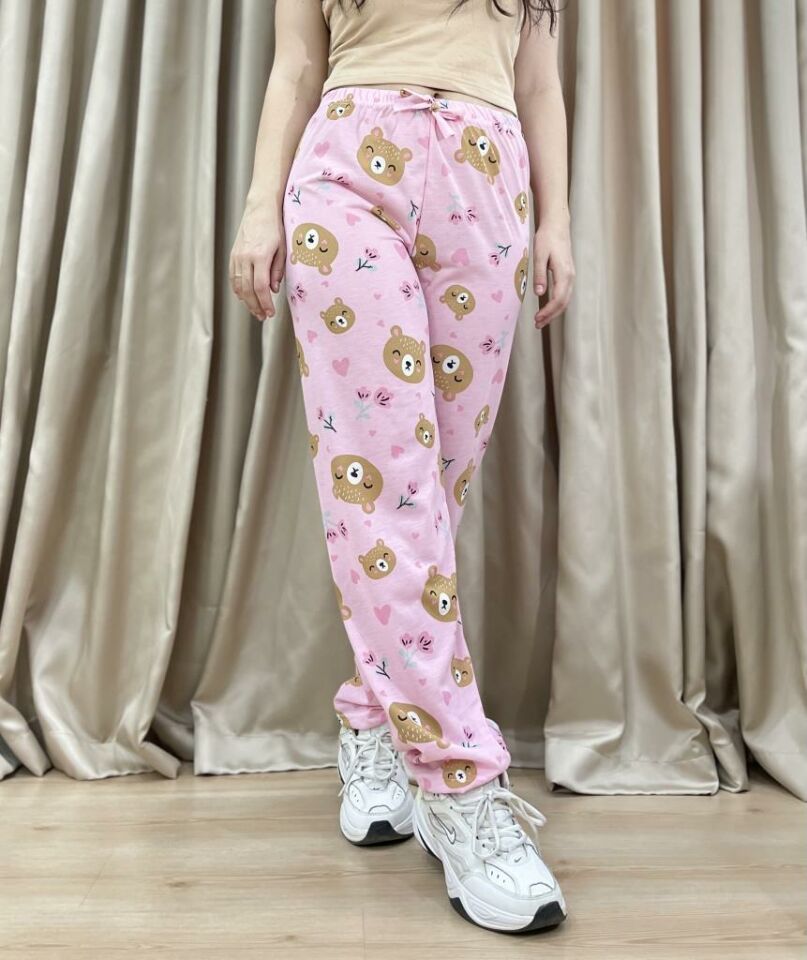 Kadın %100 Pamuk Nefes Alan Kumaş Lastikli Bel Desenli Baskılı Pijama Altı S - Pembe Surat Ayı