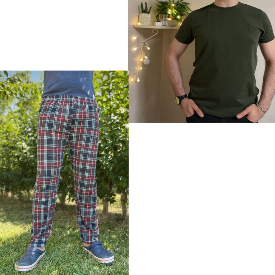 Regular Fit Alt Ekose Kareli Pamuklu Örme Bisiklet Yaka Erkek Pijama Takımı Bordo Kare-Yeşil - M