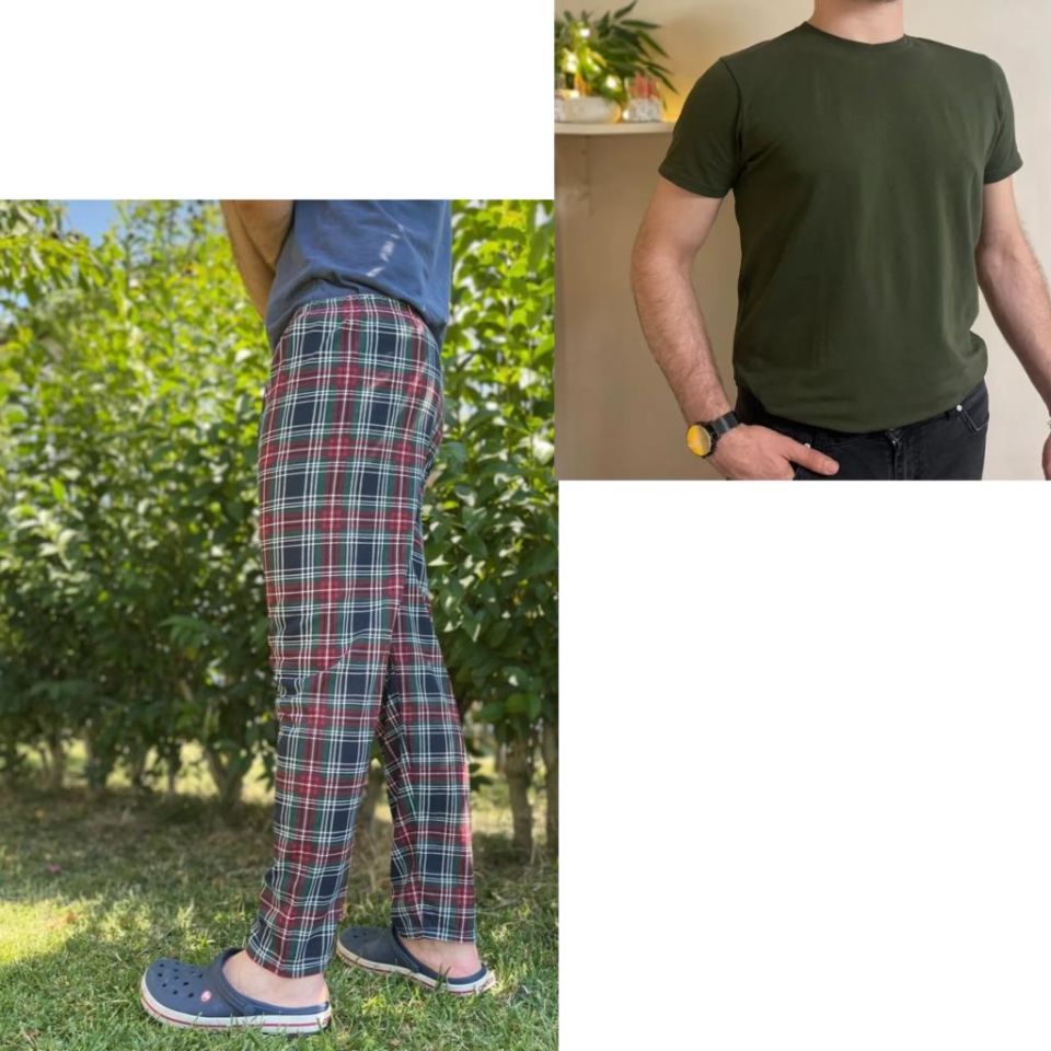 Regular Fit Alt Ekose Kareli Pamuklu Örme Bisiklet Yaka Erkek Pijama Takımı Bordo Kare-Yeşil - M