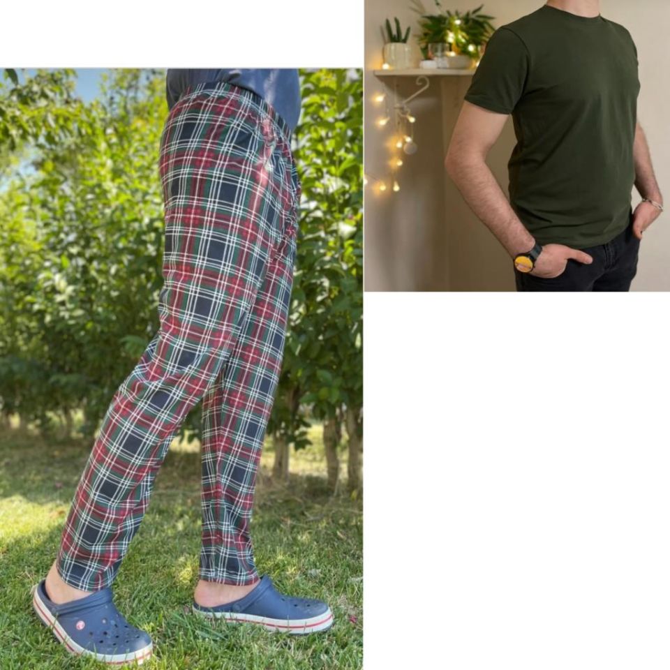 Regular Fit Alt Ekose Kareli Pamuklu Örme Bisiklet Yaka Erkek Pijama Takımı Bordo Kare-Yeşil - M