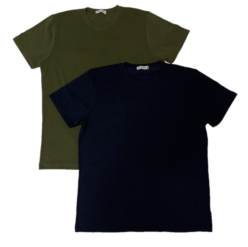 Erkek Slim Fit Dar Kesim Bisiklet Yaka Kısa Kol Pamuklu 2'li Tişört Paketi Yeşil Lacivert - M