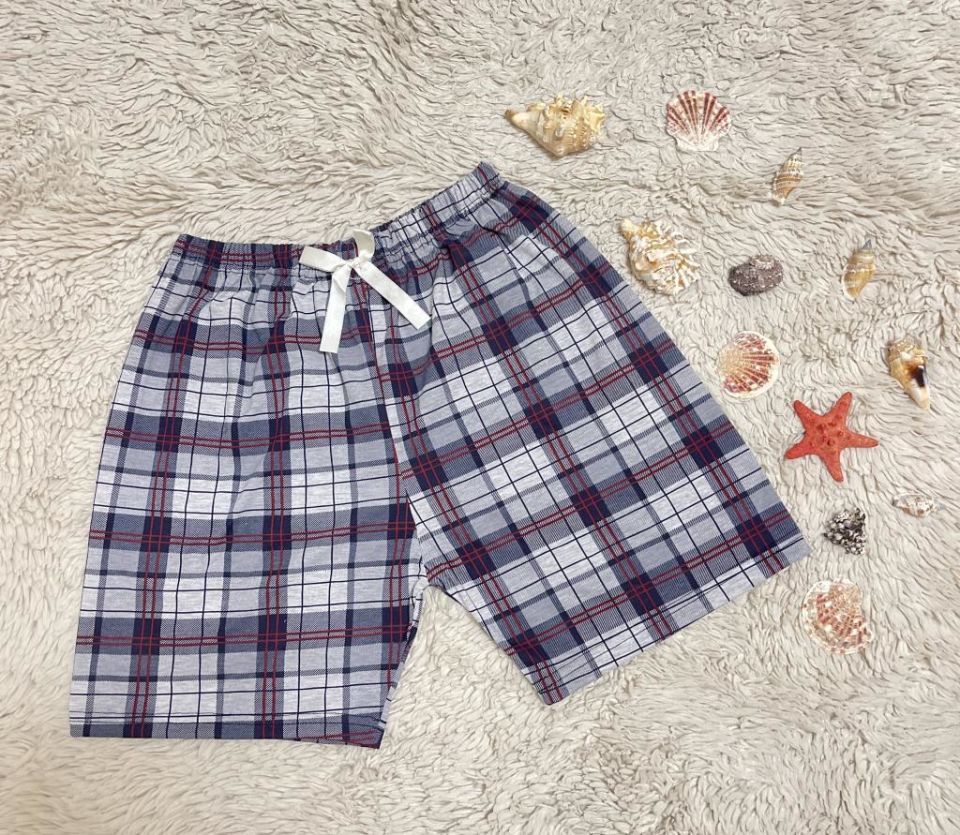 %100 Pamuk Kadın Yüksek Bel Dört Mevsim Şort Pijama Açık Gri Kare - M