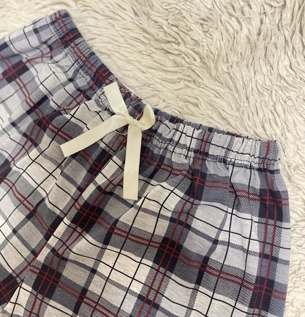 %100 Pamuk Kadın Yüksek Bel Dört Mevsim Şort Pijama Açık Gri Kare - M