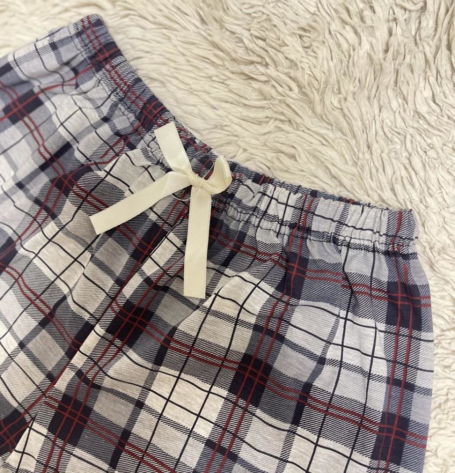 %100 Pamuk Kadın Yüksek Bel Dört Mevsim Şort Pijama Açık Gri Kare - M
