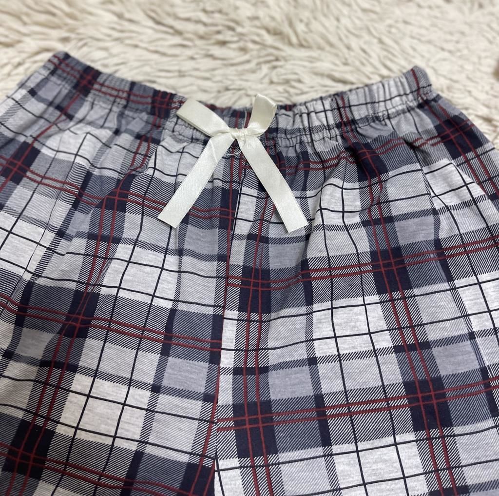%100 Pamuk Kadın Yüksek Bel Dört Mevsim Şort Pijama Açık Gri Kare - M