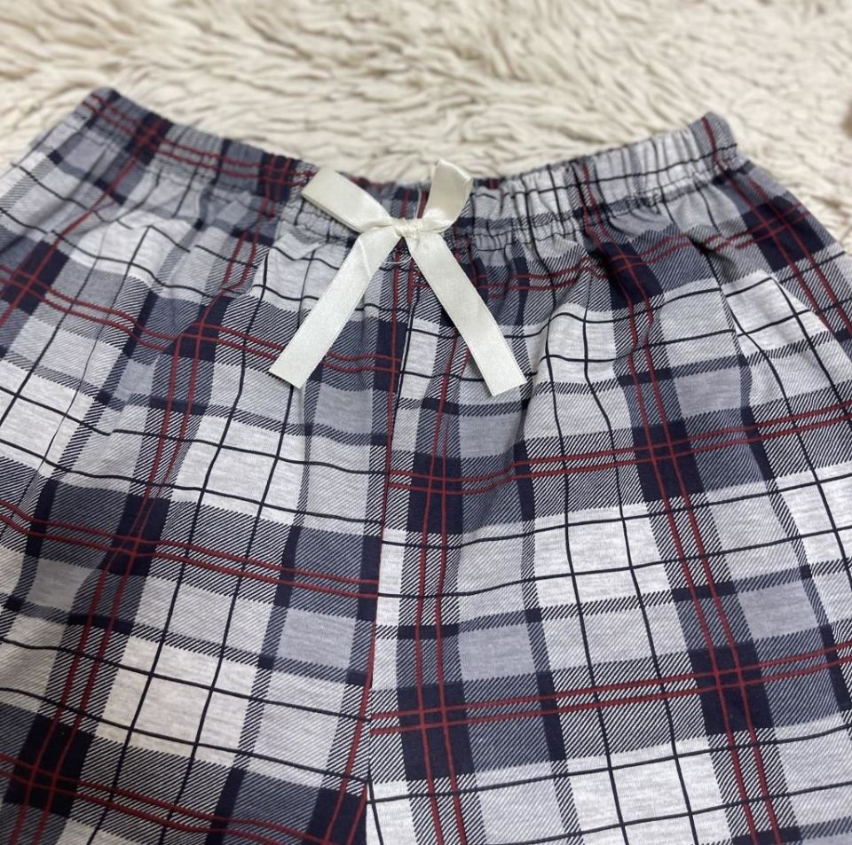 %100 Pamuk Kadın Yüksek Bel Dört Mevsim Şort Pijama Açık Gri Kare - M