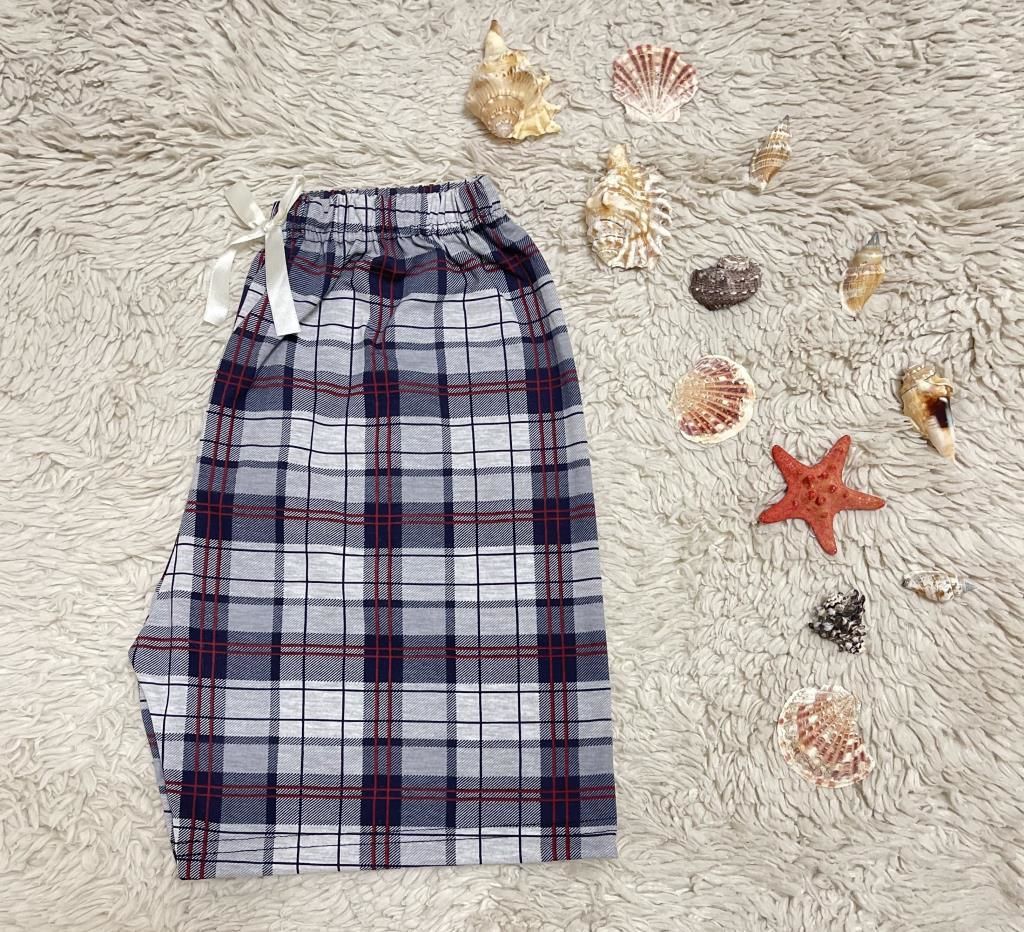 %100 Pamuk Kadın Yüksek Bel Dört Mevsim Şort Pijama Açık Gri Kare - M