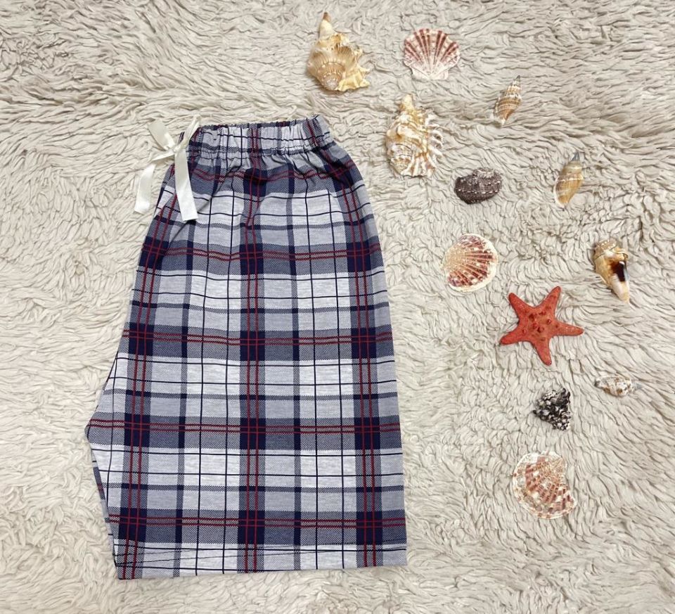 %100 Pamuk Kadın Yüksek Bel Dört Mevsim Şort Pijama Açık Gri Kare - M