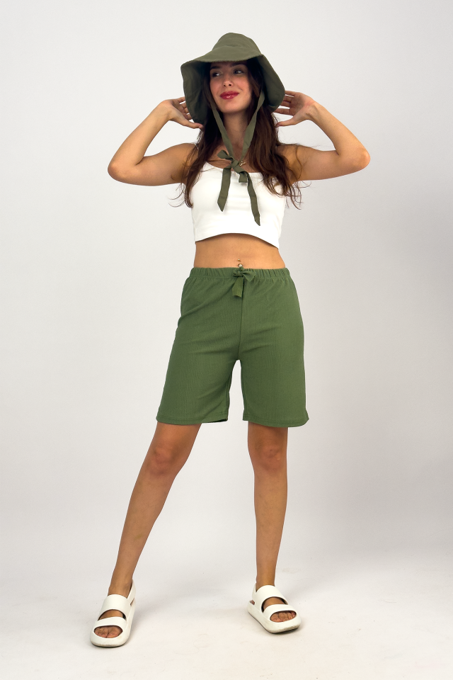 Betimoda Kadın Beli Lastikli Bol Paça Oversize Bürümcük Kumaş Şort HAKİ - L