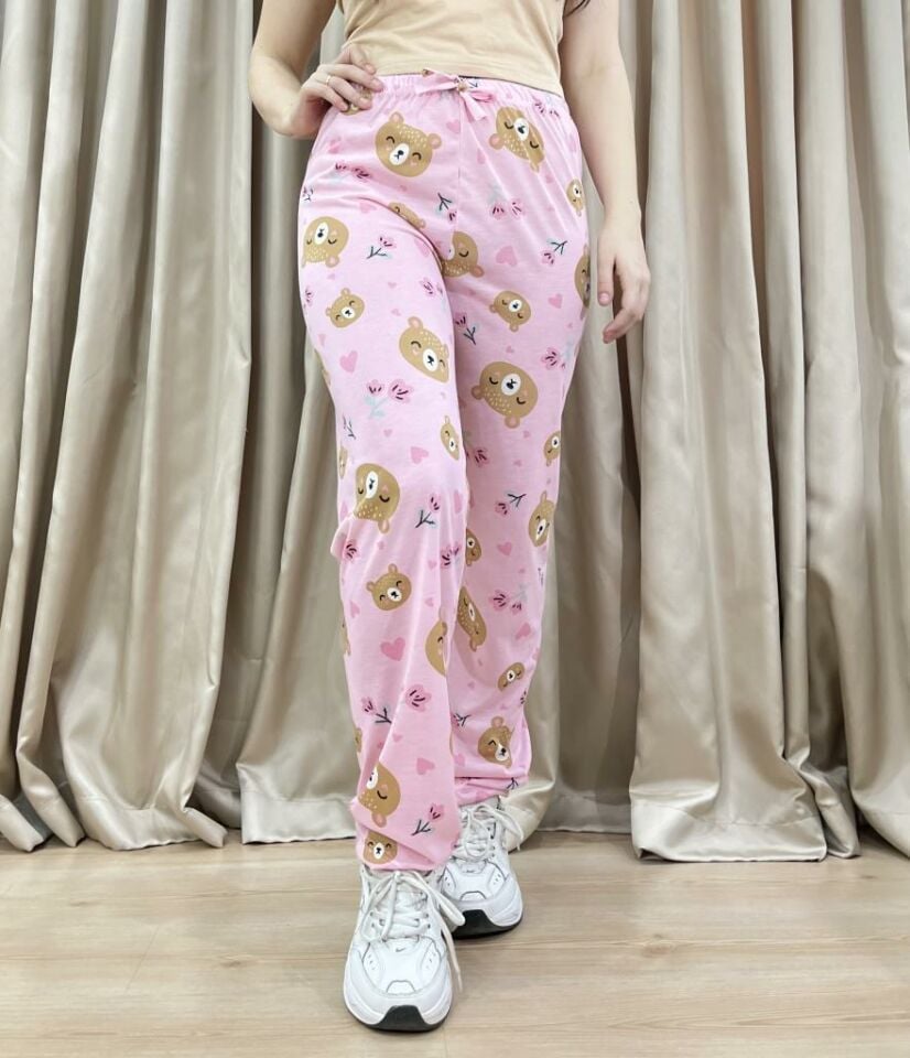 Kadın %100 Pamuk Nefes Alan Kumaş Lastikli Bel Desenli Baskılı Pijama Altı XXL - Pembe Surat Ayı
