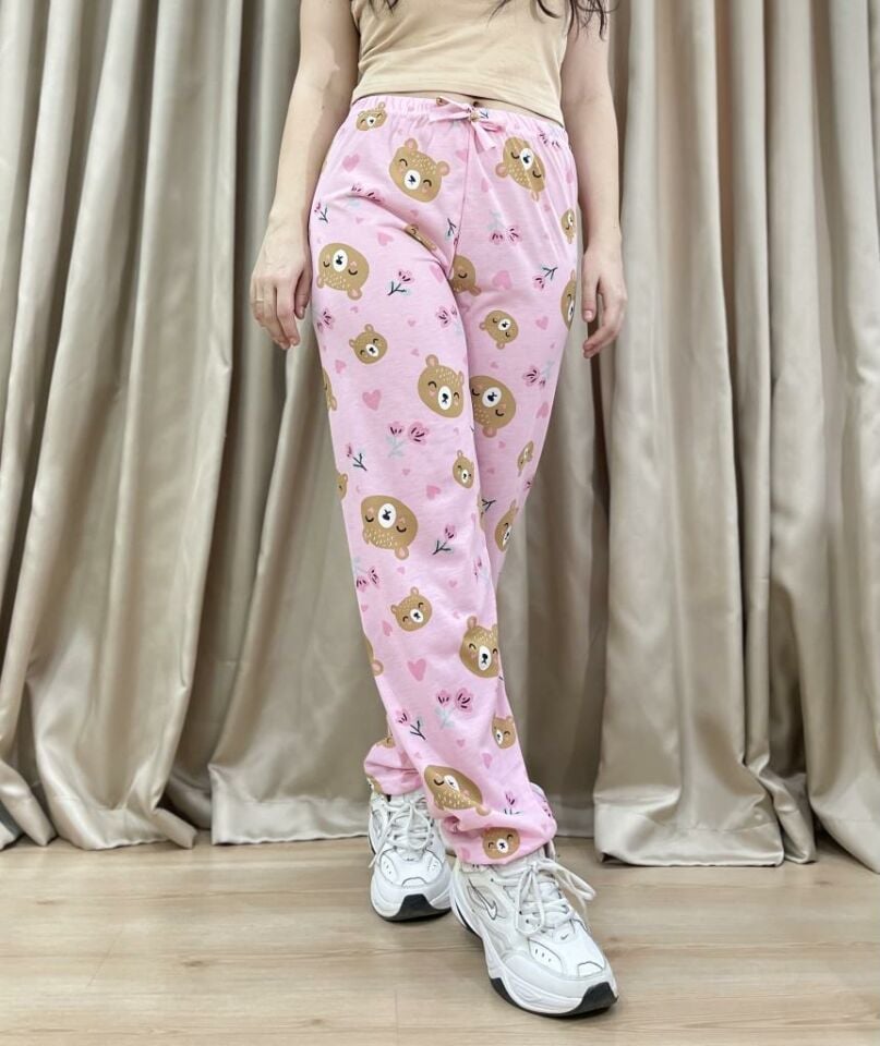 Kadın %100 Pamuk Nefes Alan Kumaş Lastikli Bel Desenli Baskılı Pijama Altı XXL - Pembe Surat Ayı