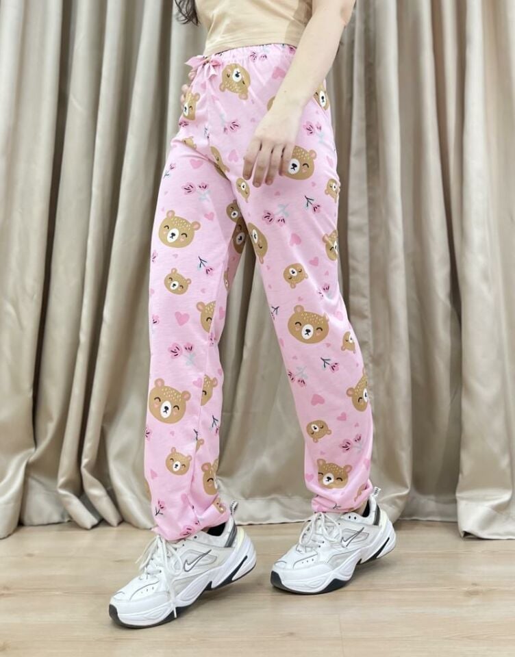 Kadın %100 Pamuk Nefes Alan Kumaş Lastikli Bel Desenli Baskılı Pijama Altı XXL - Pembe Surat Ayı