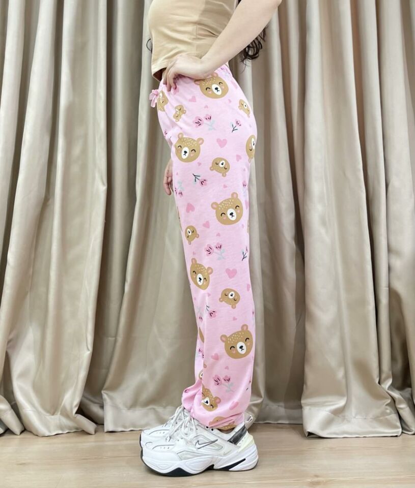 Kadın %100 Pamuk Nefes Alan Kumaş Lastikli Bel Desenli Baskılı Pijama Altı XXL - Pembe Surat Ayı