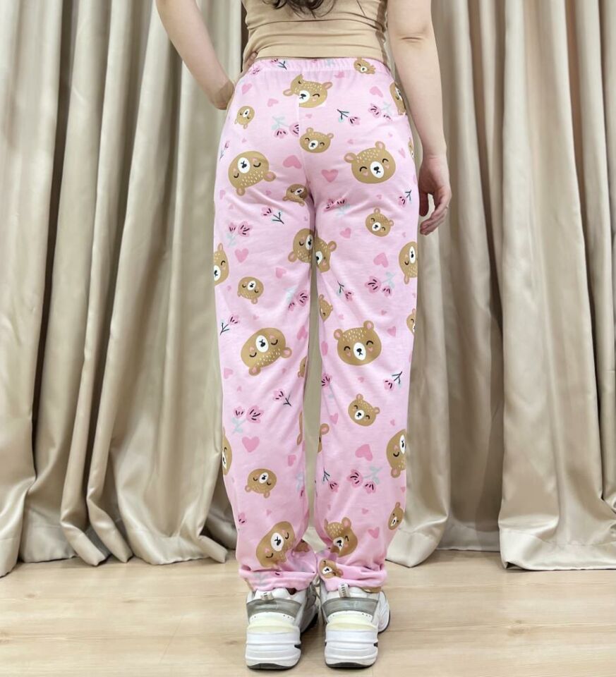 Kadın %100 Pamuk Nefes Alan Kumaş Lastikli Bel Desenli Baskılı Pijama Altı XXL - Pembe Surat Ayı