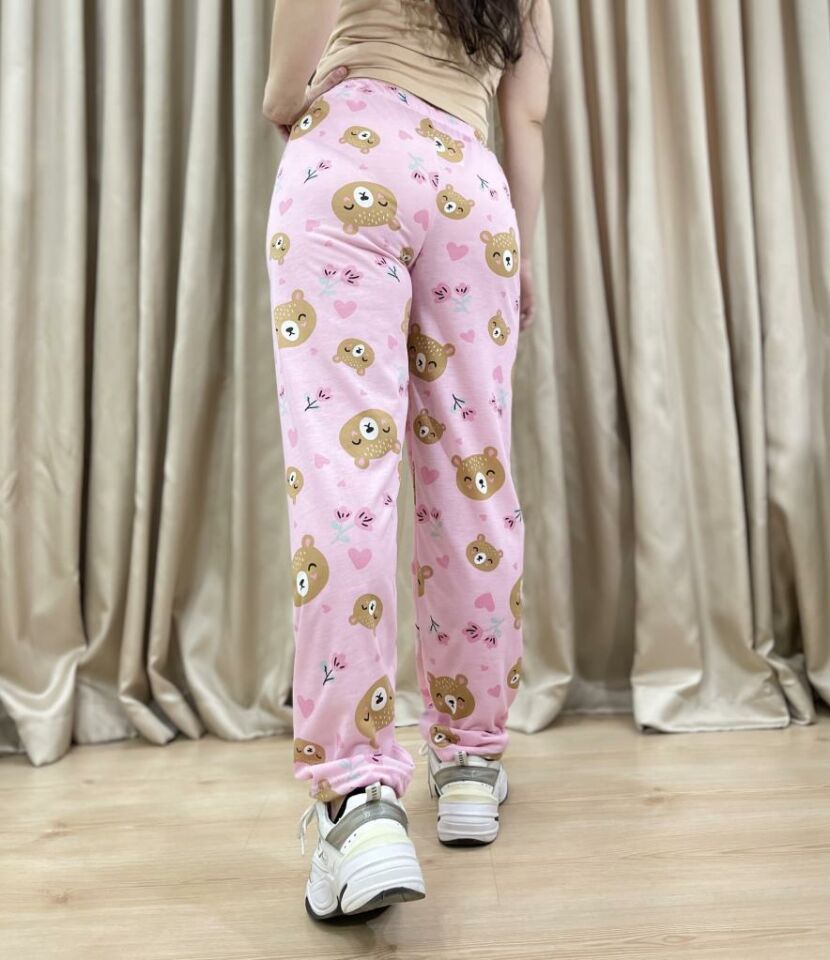 Kadın %100 Pamuk Nefes Alan Kumaş Lastikli Bel Desenli Baskılı Pijama Altı XXL - Pembe Surat Ayı