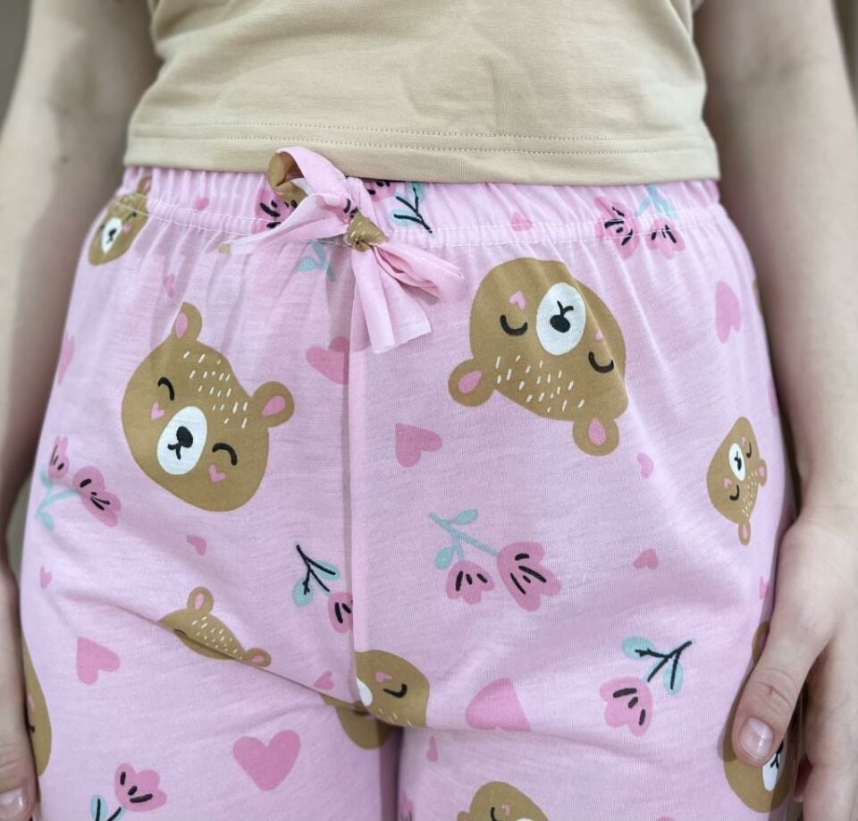 Kadın %100 Pamuk Nefes Alan Kumaş Lastikli Bel Desenli Baskılı Pijama Altı XXL - Pembe Surat Ayı