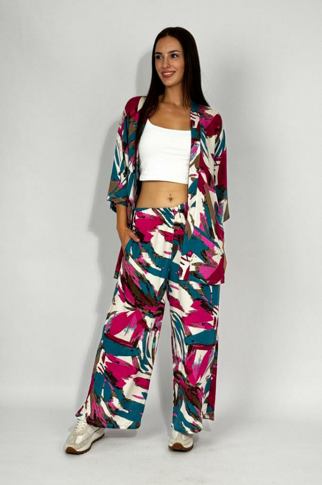 Dokuma Viskon Rahat Kesim Kimono Altı Uzun Takım Fuşya - 3XL