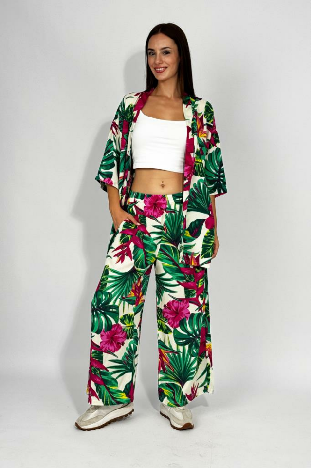 Dokuma Viskon Rahat Kesim Kimono Altı Uzun Takım YEŞİL - XL