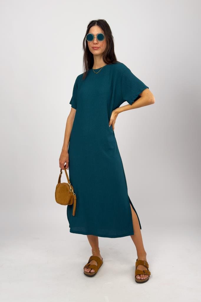 Kadın Bürümcük Kumaş Yırtmaçlı Oversize Kısa Kol Bisiklet Yaka Midi Boy Elbise Petrol - S/M