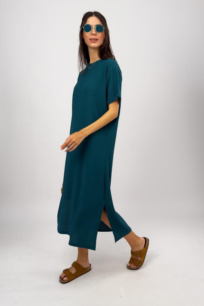 Kadın Bürümcük Kumaş Yırtmaçlı Oversize Kısa Kol Bisiklet Yaka Midi Boy Elbise Petrol - S/M