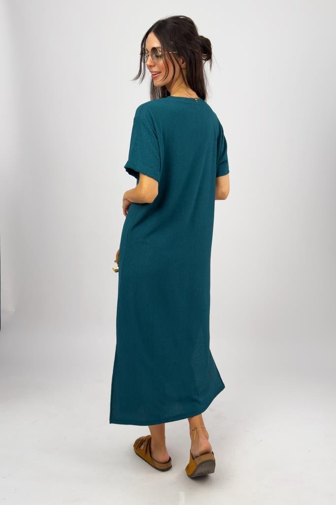 Kadın Bürümcük Kumaş Yırtmaçlı Oversize Kısa Kol Bisiklet Yaka Midi Boy Elbise Petrol - S/M