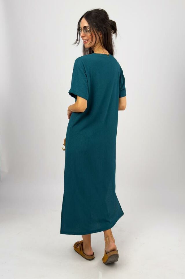 Kadın Bürümcük Kumaş Yırtmaçlı Oversize Kısa Kol Bisiklet Yaka Midi Boy Elbise Petrol - S/M