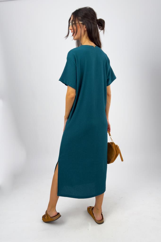 Kadın Bürümcük Kumaş Yırtmaçlı Oversize Kısa Kol Bisiklet Yaka Midi Boy Elbise Petrol - S/M