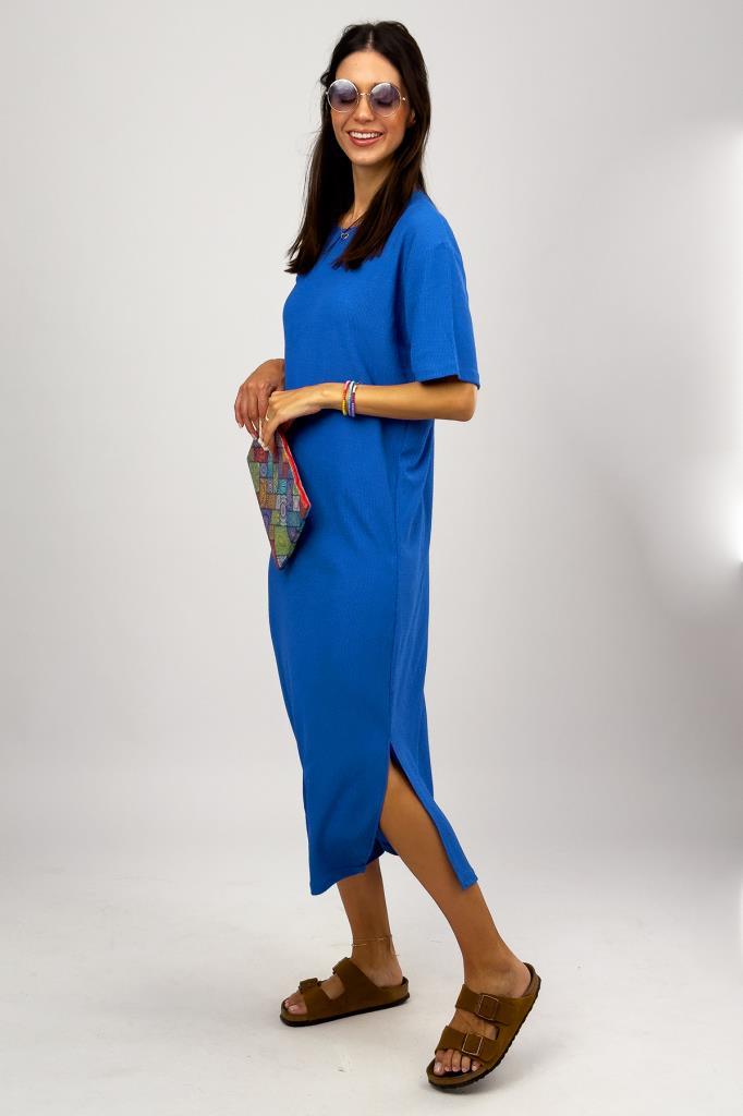 Kadın Bürümcük Kumaş Yırtmaçlı Oversize Kısa Kol Bisiklet Yaka Midi Boy Elbise Saks Mavi - L/XL