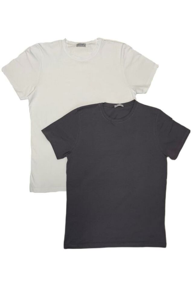 Erkek Slim Fit Dar Kesim Bisiklet Yaka Kısa Kol Pamuklu 2'li Tişört Paketi Beyaz Gri - L