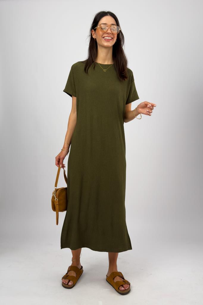 Kadın Bürümcük Kumaş Yırtmaçlı Oversize Kısa Kol Bisiklet Yaka Midi Boy Elbise YEŞİL - S/M