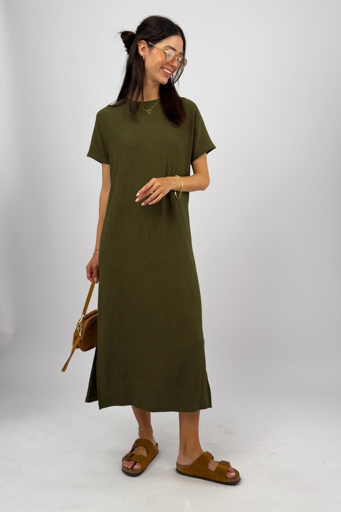 Kadın Bürümcük Kumaş Yırtmaçlı Oversize Kısa Kol Bisiklet Yaka Midi Boy Elbise YEŞİL - S/M