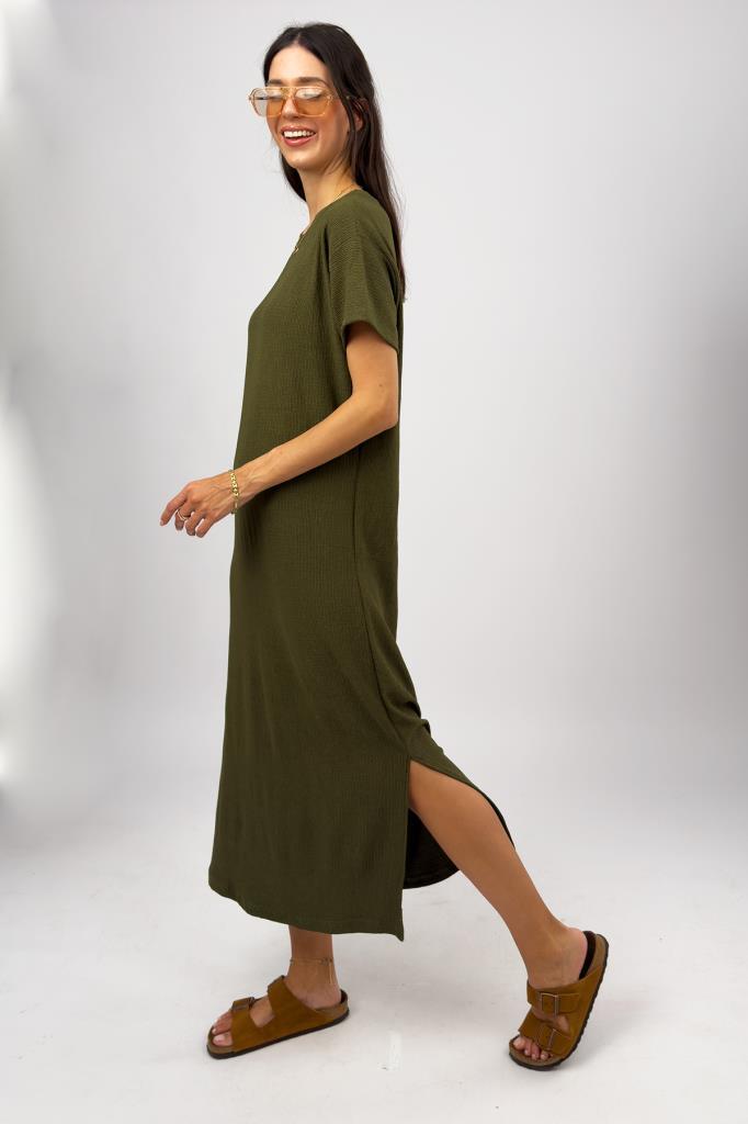 Kadın Bürümcük Kumaş Yırtmaçlı Oversize Kısa Kol Bisiklet Yaka Midi Boy Elbise YEŞİL - S/M