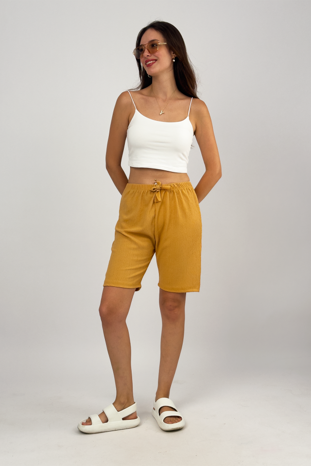 Betimoda Kadın Beli Lastikli Bol Paça Oversize Bürümcük Kumaş Şort Hardal - 2XL
