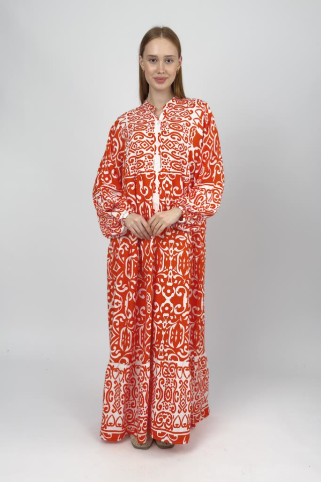 Kadın Pamuklu Desenli Uzun Elbise TURUNCU - S