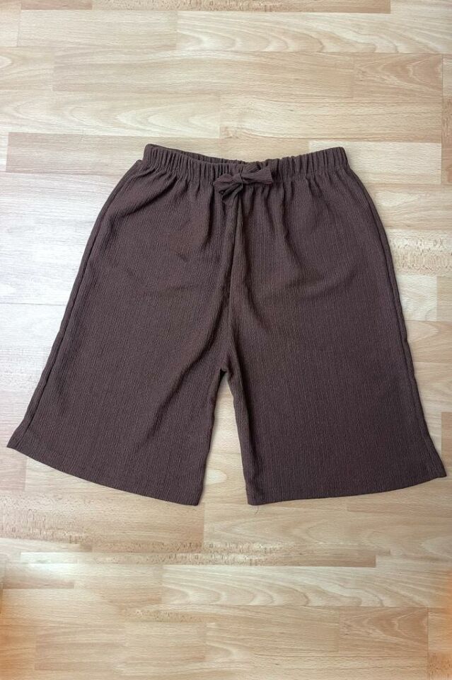 Betimoda Kadın Beli Lastikli Bol Paça Oversize Bürümcük Kumaş Şort Kahve - M