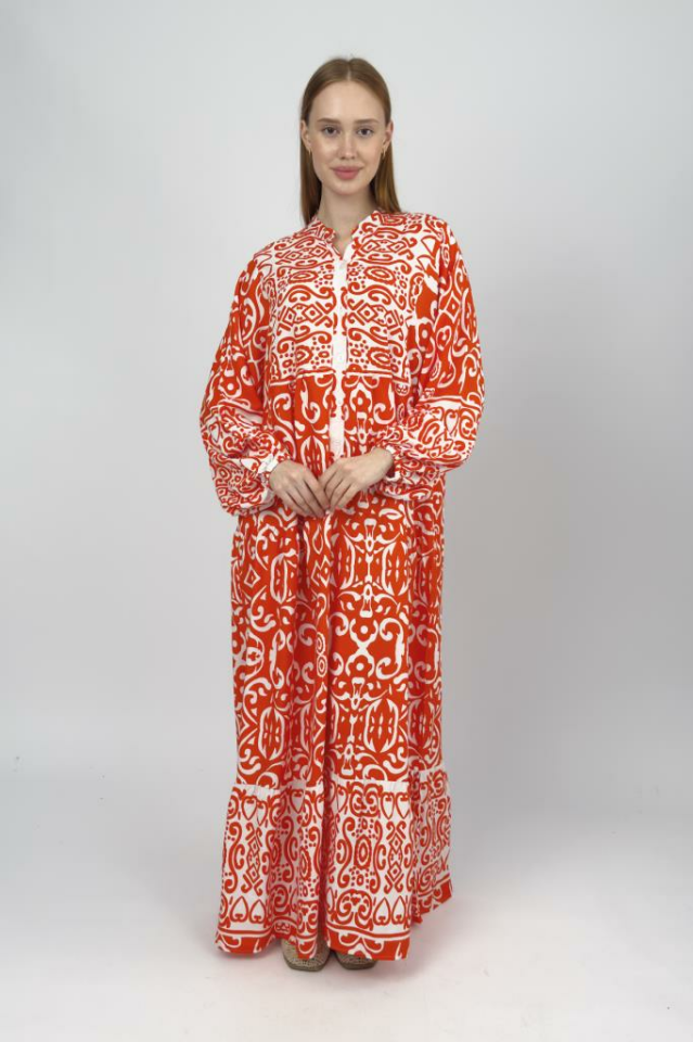 Kadın Pamuklu Desenli Uzun Elbise TURUNCU - M