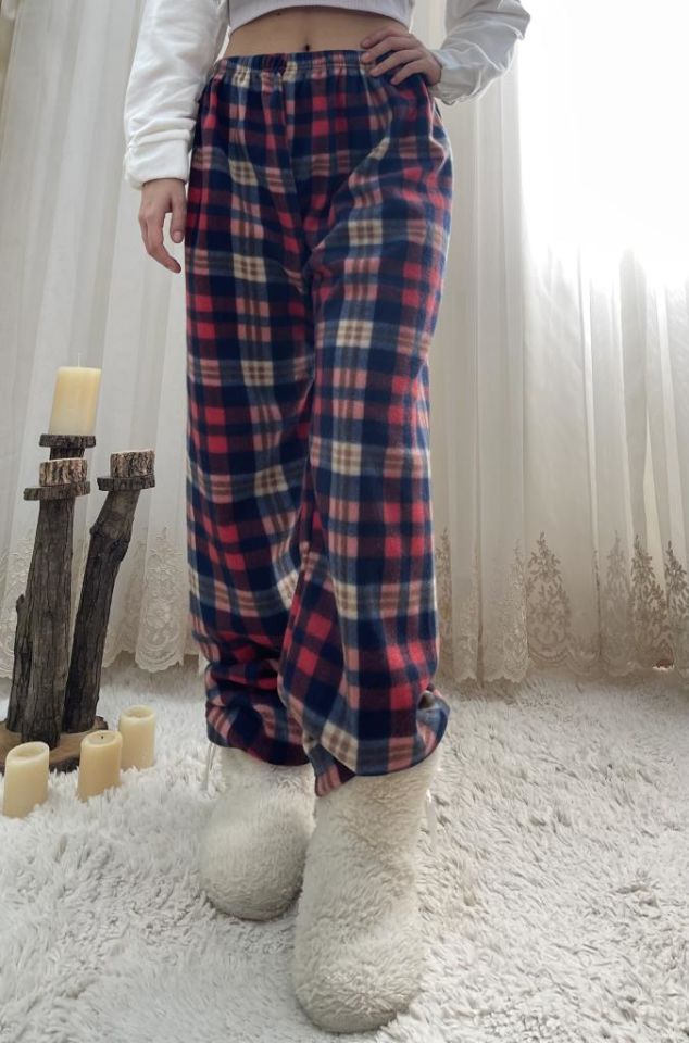 Kadın Polar Pijama Altı Kışlık Lastikli Bel Tek Alt Lacivert Kırmızı Ekose - M