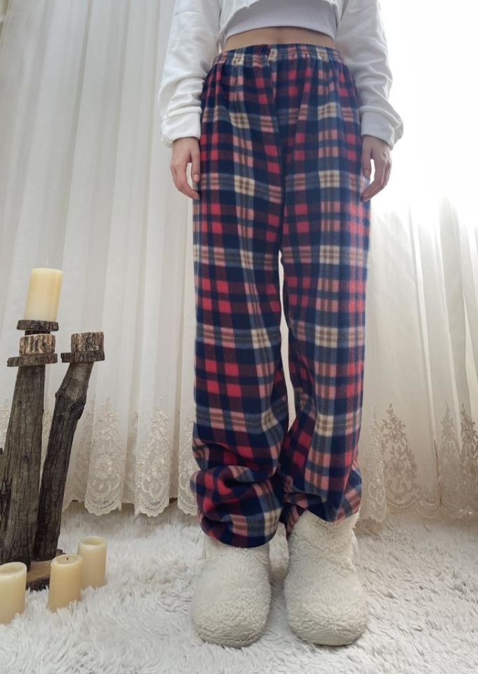 Kadın Polar Pijama Altı Kışlık Lastikli Bel Tek Alt Lacivert Kırmızı Ekose - M