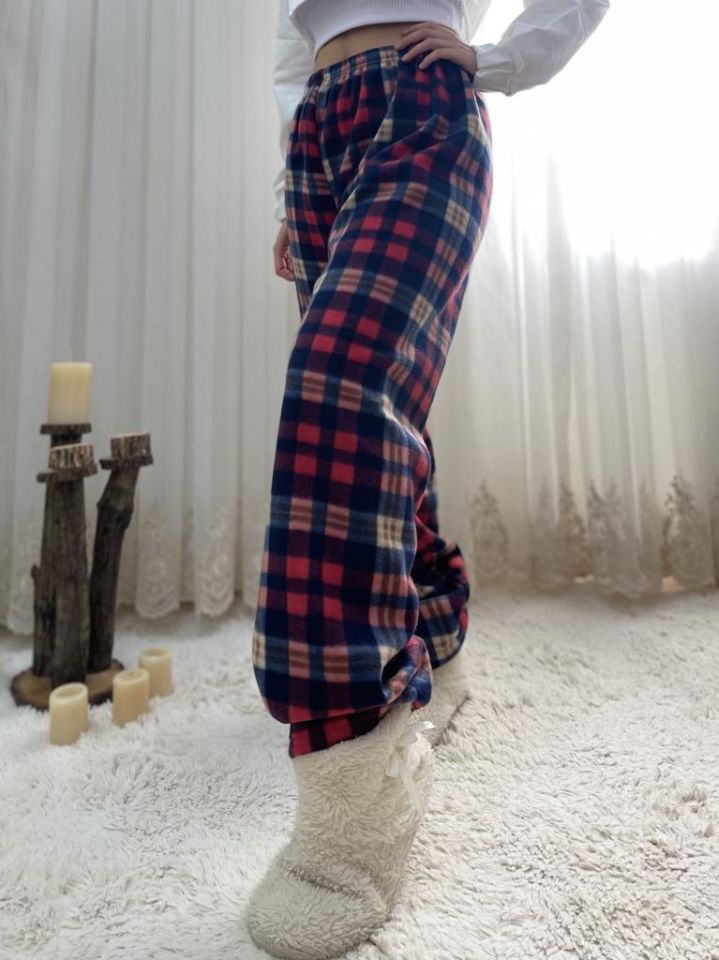 Kadın Polar Pijama Altı Kışlık Lastikli Bel Tek Alt Lacivert Kırmızı Ekose - M