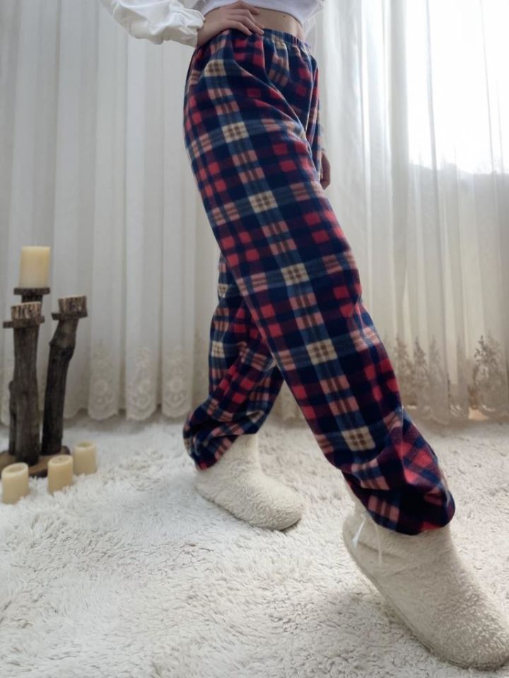 Kadın Polar Pijama Altı Kışlık Lastikli Bel Tek Alt Lacivert Kırmızı Ekose - M
