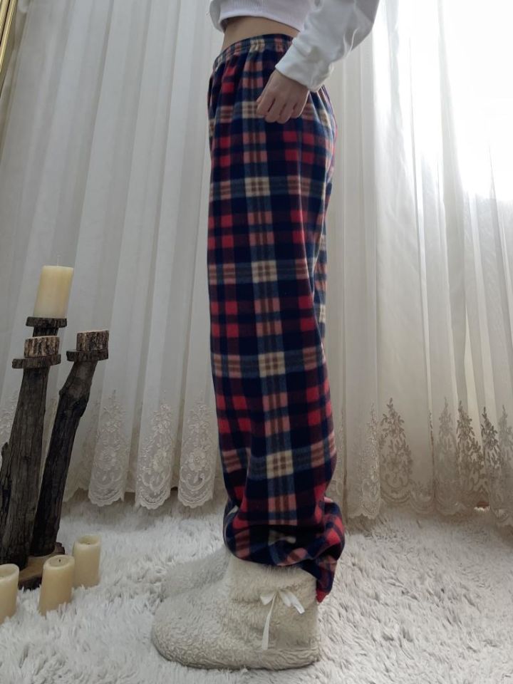 Kadın Polar Pijama Altı Kışlık Lastikli Bel Tek Alt Lacivert Kırmızı Ekose - M