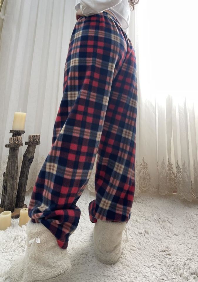 Kadın Polar Pijama Altı Kışlık Lastikli Bel Tek Alt Lacivert Kırmızı Ekose - M