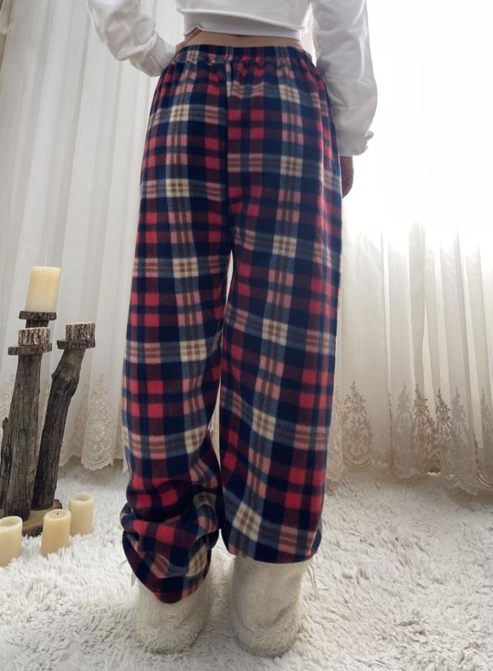 Kadın Polar Pijama Altı Kışlık Lastikli Bel Tek Alt Lacivert Kırmızı Ekose - M