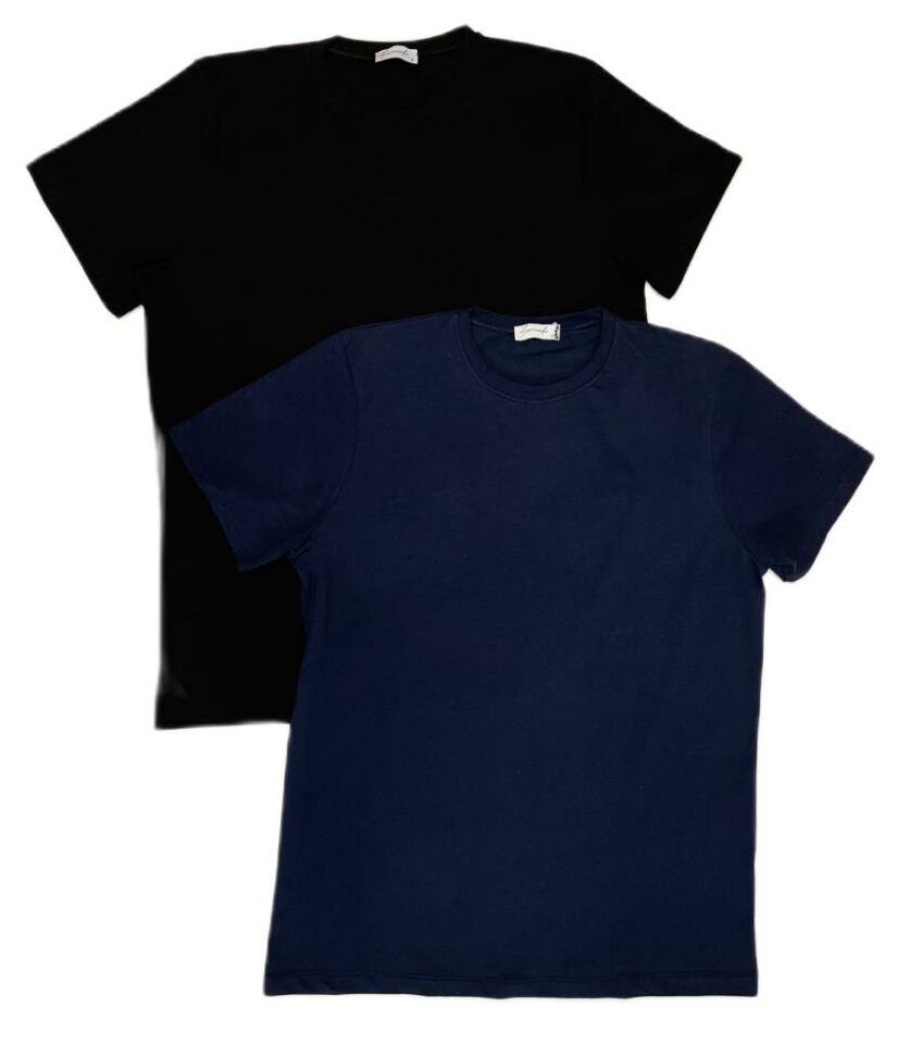 Erkek Slim Fit Dar Kesim Bisiklet Yaka Kısa Kol Pamuklu 2'li Tişört Paketi Siyah Lacivert - XXL