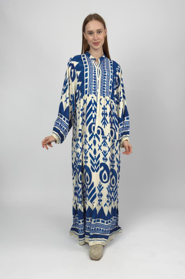 Kadın Pamuklu Desenli Uzun Elbise Saks Mavi - M